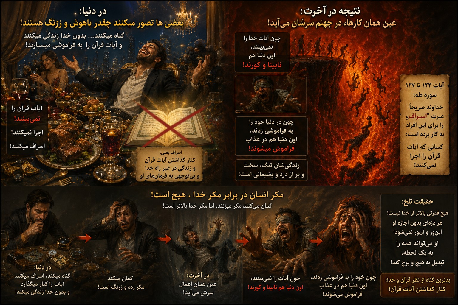 اهل اسراف و کسانی که ایات قران رو نمی ببین، در جهنم سقوط میکن! و در انجام کور و فراموش میشون!
